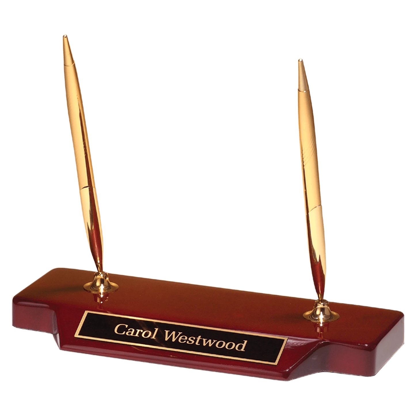 Double Gold-Tone Pen Set on Rosewood Piano Finish Base with Black Brass Plate