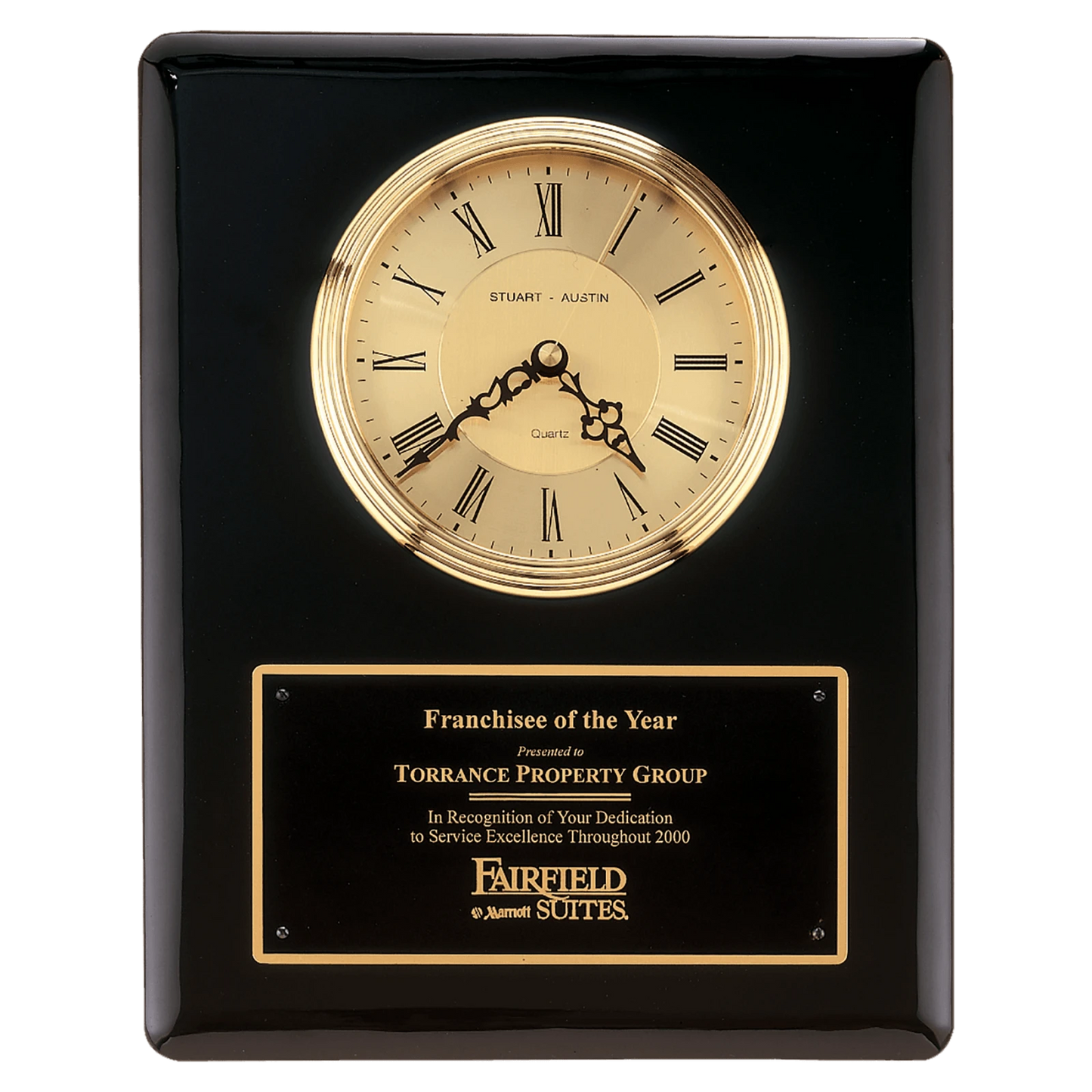 Clock with Waterfall Bezel, Glass Lens, Gold Dial, and Plate (Black Piano Finish)