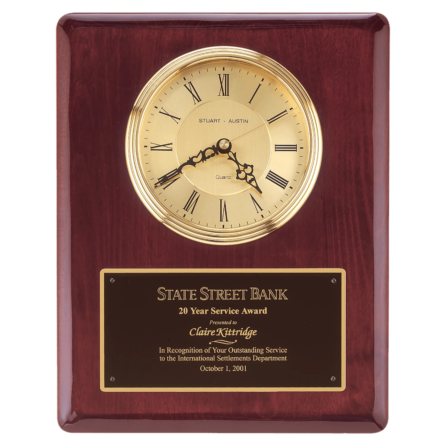 Clock with Waterfall Bezel, Glass Lens, Gold Dial, and Plate (Rosewood Piano Finish)