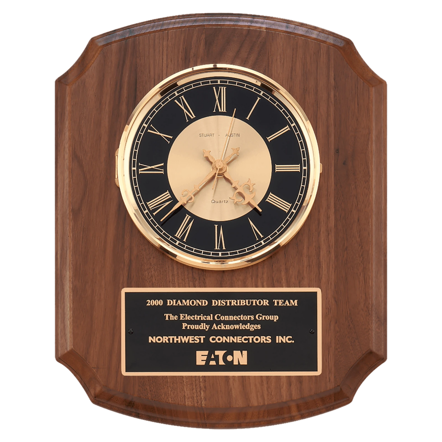 Walnut Quartz Clock, Brass Diamond Spun Bezel, Glass Lens, Black & Gold Dial
