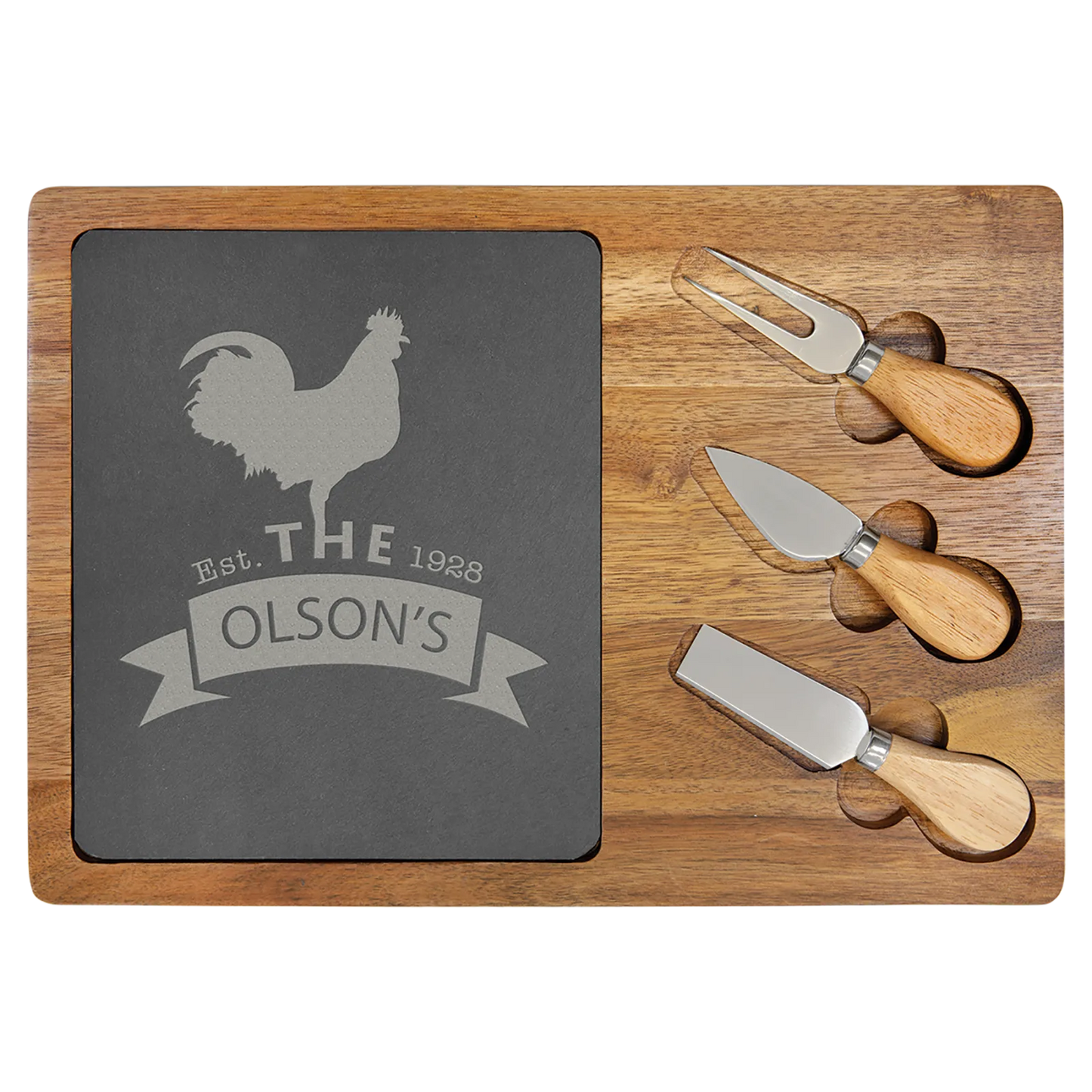 Acacia Wood and Slate Rectangle Cheese Set with Three Tools