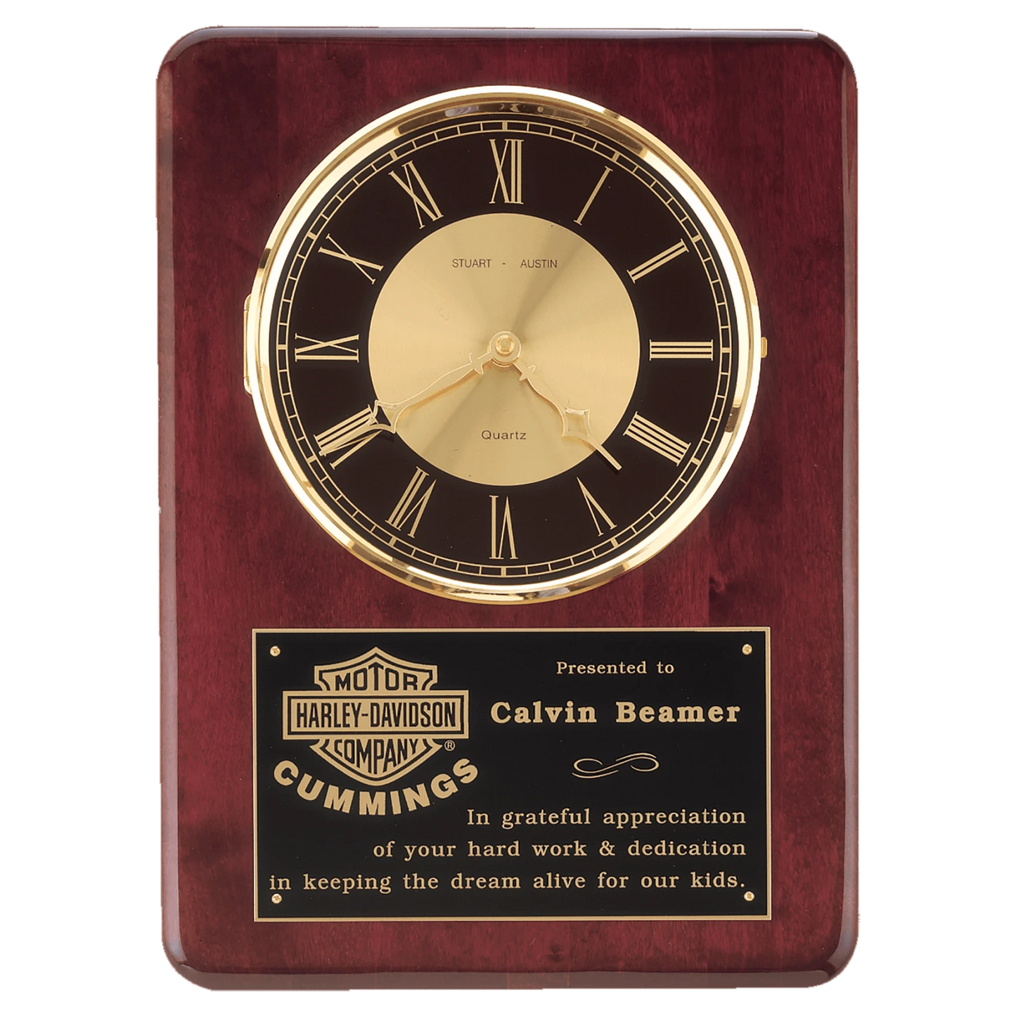 Clock with Brass Bezel, Glass Lens, Black and Gold Dial, and Black Plate (Rosewood Piano Finish)