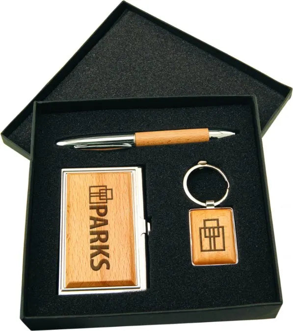 Metal and Wood Finish Gift Set with Business Card Case, Pen, and Keychain