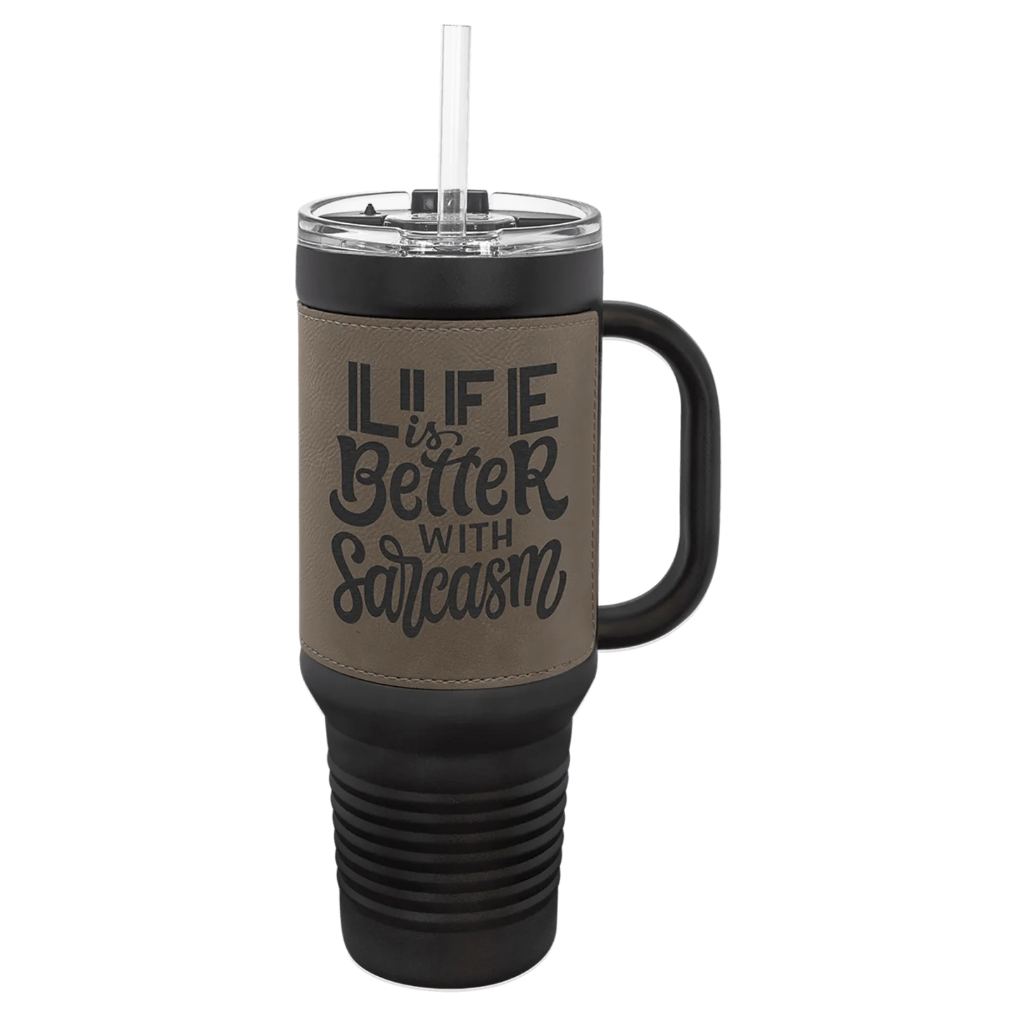 40 oz. Leatherette Travel Mug with Handle and Straw (Polar Camel)