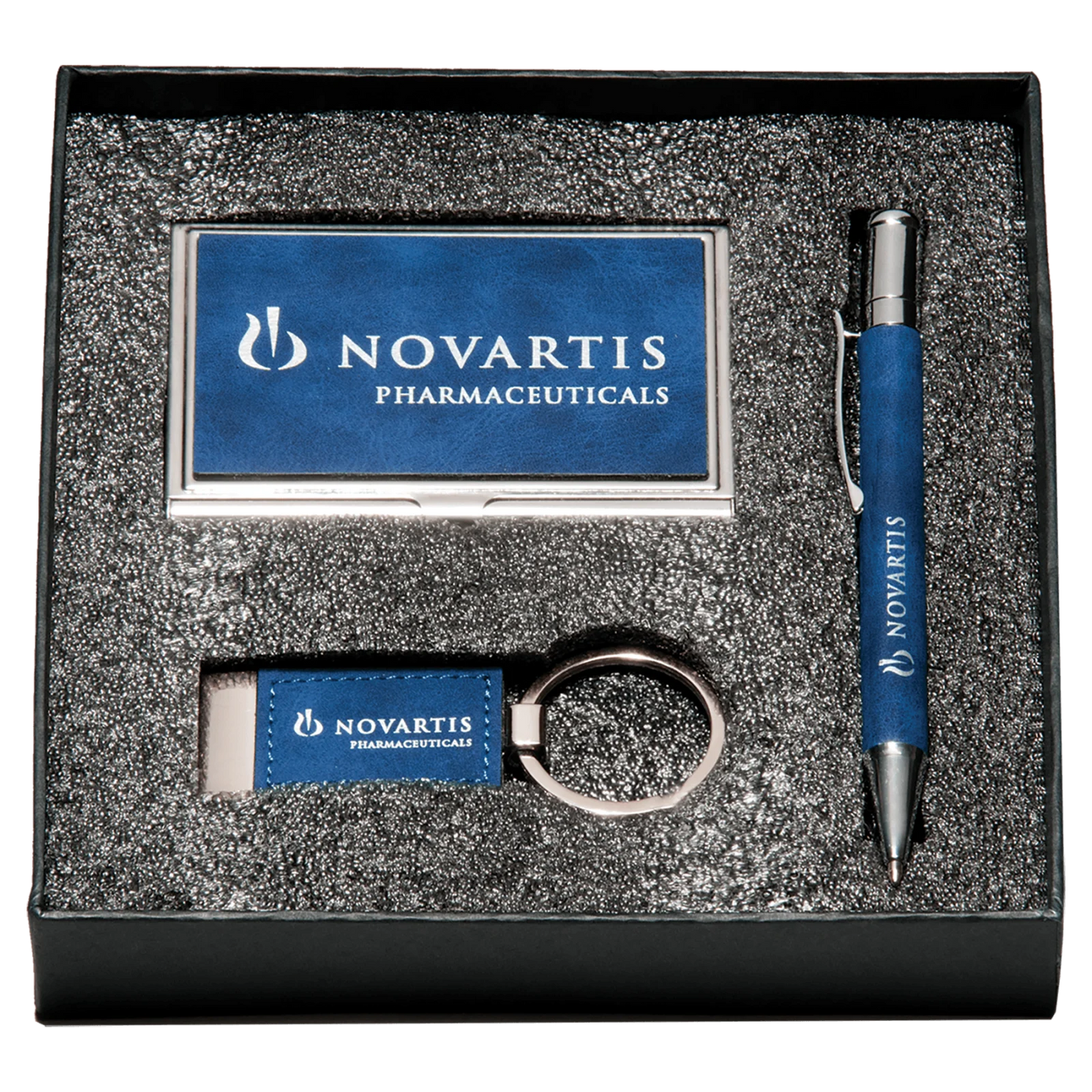 Gift Set with Pen, Keychain, and Business Card Holder (Blue Marbleized Leather)